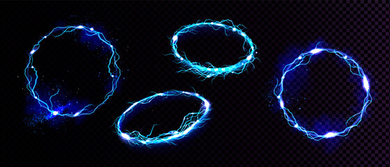 Electric lightning frames, circle digital glowing borders in front and angle view. Vector realistic set of blue round sparking discharge isolated on transparent background