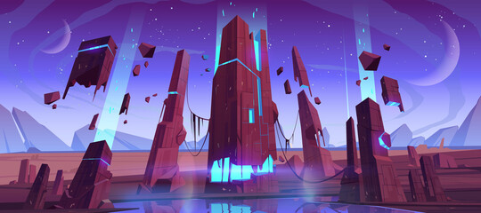 Wall Mural - alien planet surface, futuristic landscape, space background with glowing and flying rocks, two moon