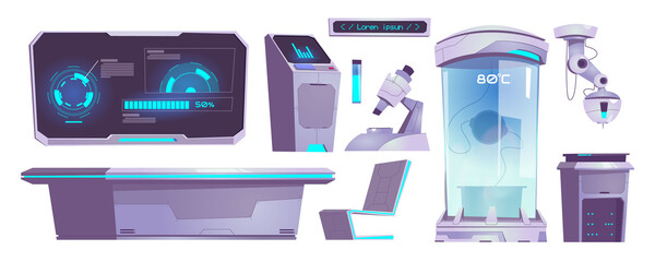 Modern science laboratory equipment, microscope, chemical tube, computer and table isolated on white background. Vector cartoon set of technology icons of scientific lab for test and analysis