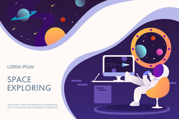 Wall Mural - an astronaut in a spaceship is playing a computer game. template for landing page, banner, web page,