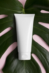 Wall Mural - Top view of a white tube of cream mockup with a monstera leaf on a pink background.