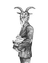 Smart Goat With Books Portrait