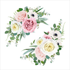 Wall Mural - Tender vector floral bouquet design. Blush peach, mauve, pale pink, cream cabbage Rose, ivory white anemone flowers, Eucalyptus greenery leaves & fern delicate, editable, isolated designer element set