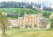 English country palace of aristocrats on a background of nature painted in watercolor on paper.