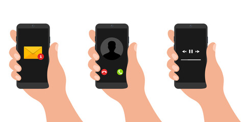 Wall Mural - hand holding smartphone in three variants. phone screen with email notification, incoming call and m