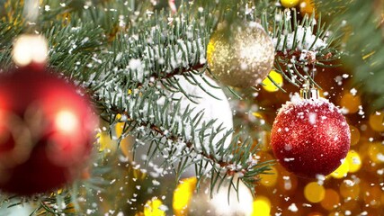 Sticker - Christmas Spruce Branches with Snowflakes Falling. Super Slow Motion Filmed on High Speed Cinema Camera at 1000 fps.