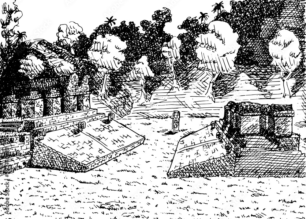 Ruins of ball court in the middle of forest at the old city of Copan ...