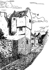 Wall Mural - A small two-story house in medieval burg-style in an alley at Culross. A tiny and well-preserved seaside fishing village in Scotland. Ink drawing.