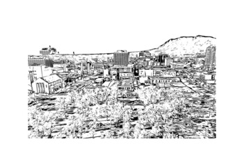 Building view with landmark of Colorado Springs is a home rule municipality that is the largest city by area in Colorado. Hand drawn sketch illustration in vector.