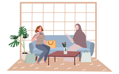 two women chat talk hold cup drink sitting sofa shopping bag in waiting room with flat cartoon style design illustration