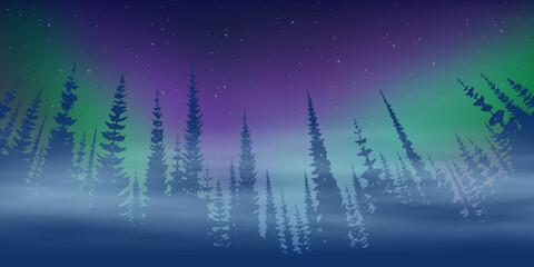 Wall Mural - fantasy on the theme of the northern landscape. dusk and polar lights. forest and sunset light. vect