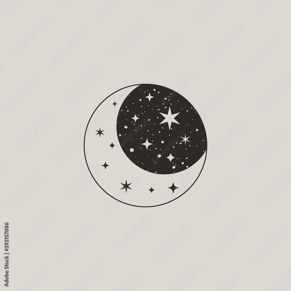 The mystical Moon in a Trendy Boho Style. Vector Icon of a Crescent moon with Stars the-mystical-moon-in-a-trendy-boho-style-vector-icon-of-a-crescent-moon-with-stars