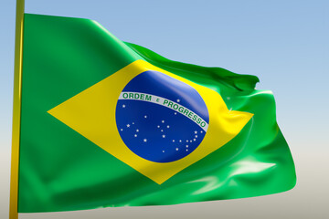 Wall Mural - 3D illustration of the national flag of Brazil on a metal flagpole fluttering against the blue sky.Country symbol.