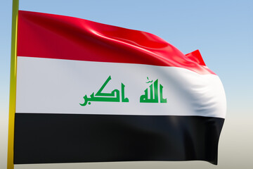 3D illustration of the national flag of Irak on a metal flagpole fluttering against the blue sky.Country symbol.