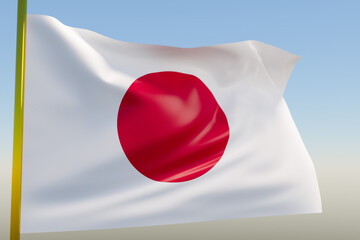 Wall Mural - 3D illustration of the national flag of Japan on a metal flagpole fluttering against the blue sky.Country symbol.