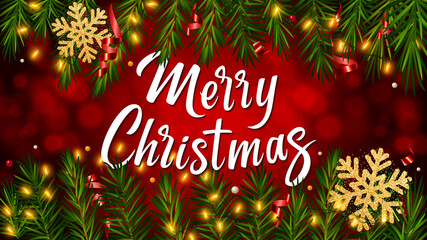 Wall Mural - Red background with lettering Merry Christmas, realistic pine branches, shining garlands, glitter gold snowflakes, candy canes, serpentine. Christmas and New Year poster for winter holidays