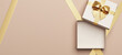 © 3DJustincase - Minimal copy space for Christmas, New year and holiday season. Open beige gift box with golden ribbon bow on tan background. 3d render illustration. Clipping path of each element included.
