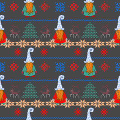 Wall Mural - Christmas seamless pattern with pixel gnomes. Knitted festive illustration. Ugly sweater style. Nordic ornament.