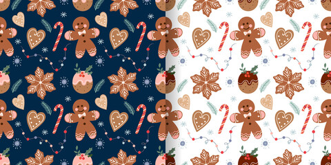 Wall Mural - christmas seamless patterns set with gingerbread, christmas traditional cookies and candies, seasona