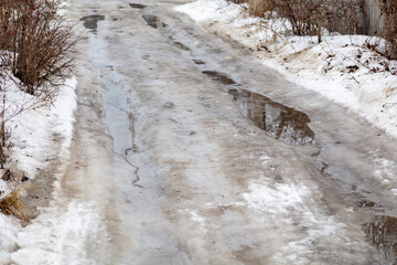 Wall Mural - The road with melting snow in nature.