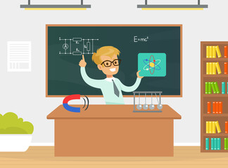 Poster - Boy Physicist Scientist Character Explaining Molecular Formula at Blackboard at Lesson Cartoon Vector Illustration