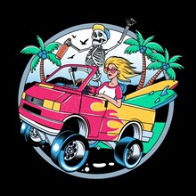 Surfing T-shirt Vector Designs. Surf Van With Crazy Skeleton And Blondie Girl. Vintage Surfing Emblem For Web Design Or Print. Surfer Logo Templates. Vector Illustration.