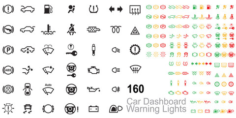 Car dashboard warning lights. Comprehensive Guide To Dashboard Warning Lights. warning lights icon vector.
