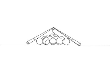 Single continuous line drawing of triangle pyramid balls stack for pool billiards game at billiard room. Indoor sport game concept. Trendy one line draw design vector illustration graphic