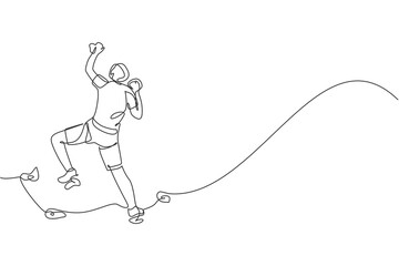 Wall Mural - Single continuous line drawing of young muscular rockclimber man climbing hanging on mountain grip. Outdoor active lifestyle and rock climbing concept. Trendy one line draw design vector illustration