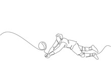 Single Continuous Line Drawing Of Male Young Volleyball Athlete Player In Action Jumping Block The Ball On Court. Team Sport Concept. Competition Game. Trendy One Line Draw Design Vector Illustration