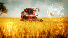 Self-driving Combine Harvester Working On The Countryside Field - Industrial 3D Illustration With Digital Overlays