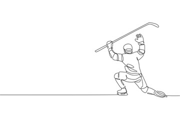 Wall Mural - Single continuous line drawing of young professional ice hockey goalie block the puck shot and defense on ice rink arena. Extreme winter sport concept. Trendy one line draw design vector illustration