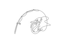 One Single Line Drawing Of Fisherman Club And Fishing Lover Competition Logo Icon Symbol Vector Illustration Graphic. Holiday Traveling For Fishing Hobby Concept. Modern Continuous Line Draw Design
