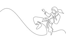 One Single Line Drawing Of Young Sporty Karateka Girl In Fight Uniform With Belt Exercising Martial Art At Gym Vector Illustration. Healthy Sport Lifestyle Concept. Modern Continuous Line Draw Design