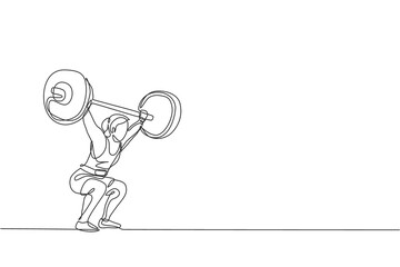 Wall Mural - One single line drawing of fit young athlete muscular woman lifting barbells working out at a gym vector illustration. Weightlifter preparing for training concept. Modern continuous line draw design