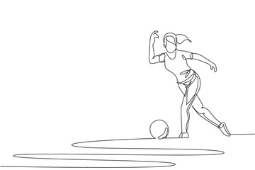 Wall Mural - Single continuous line drawing young happy bowling player woman throw bowling ball to hit the pins. Doing sport hobby at leisure time concept. Trendy one line draw design vector illustration graphic