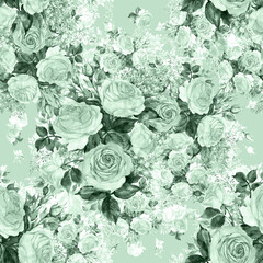  Seamless pattern watercolor bouquet of delicate tea roses with forget-me-not