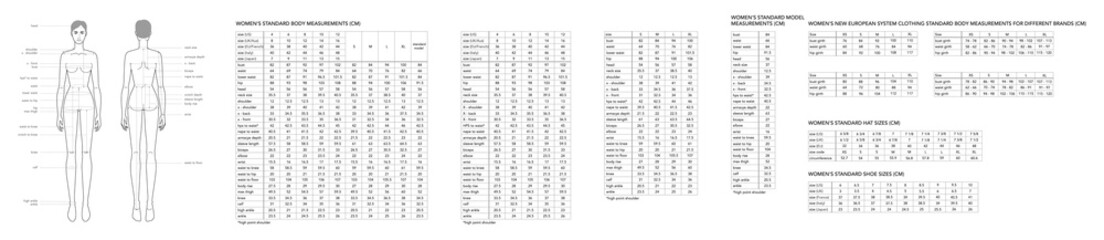 Wall Mural - Set of men and women body parts terminology measurements and size charts Illustration for clothes and accessories production fashion 9 head male and female size chart. Human body infographic template