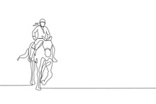 One Single Line Drawing Of Young Horse Rider Woman Performing Dressage Test Vector Graphic Illustration. Equestrian Sport Show Competition Concept. Modern Continuous Line Draw Design