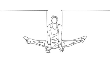 Wall Mural - One single line drawing of young handsome gymnast man exercising steady rings graphic vector illustration. Healthy lifestyle and athletic sport concept. Modern continuous line draw design