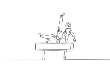 Wall Mural - One single line drawing of young handsome gymnast man exercising pommel horse vector graphic illustration. Healthy lifestyle and athletic sport concept. Modern continuous line draw design