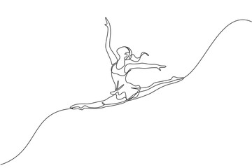 One continuous line drawing of rhythmic motion young beauty gymnast girl. Floor exercise performer in leotard. Healthy active sport dance concept. Dynamic single line draw design vector illustration