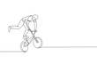 One single line drawing of young bmx bicycle rider performing freestyle trick on street vector illustration. Extreme sport concept. Modern continuous line draw design for freestyle competition banner
