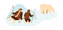 Eskimo People Hunting Wild Polar Bear With Lance And Bow. Inuit Hunters In National Winter Costumes Hiding Behind Snowdrifts. Flat Vector Cartoon Illustration Isolated On White Background