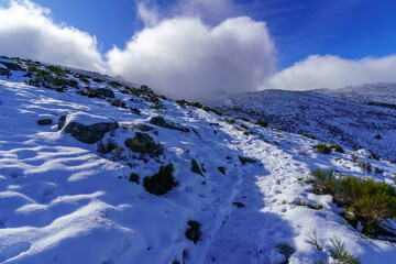 Paisaje nevado en la montaña de La Morcuera Madrid con nieve, nubes, niebla y frío intenso