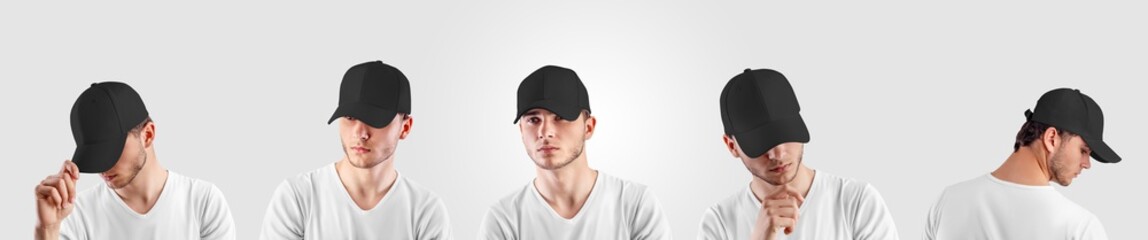 Wall Mural - Mockup black baseball cap on a guy's head, front, side view, isolated on background, headwear for sun protection.