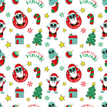 Cute Alien Santa Claus And Christmas Ornament Seamless Pattern. Textile Fabric Pattern Print, Wrapping Paper, Book Cover, Pajamas, Face Mask, And Bedding Pattern Illustration 