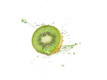 Many Shapes Splash Water Into The Back Of Kiwifruit On A White Background. Real Shooting