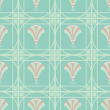Vector Art Deco Decorative Grid And Fanning Stylized Flowers. Seamless Blue Teal Pink Pattern Background. Backdrop With Ornate Square Boxes Filled With Floral Shapes. Elegant Repeat 1920s Style