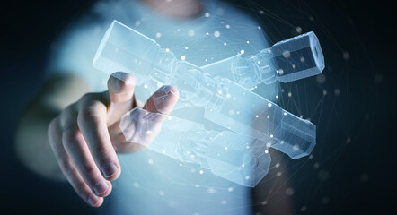 Poster - Man holding and touching green renewable energy battery 3D rendering